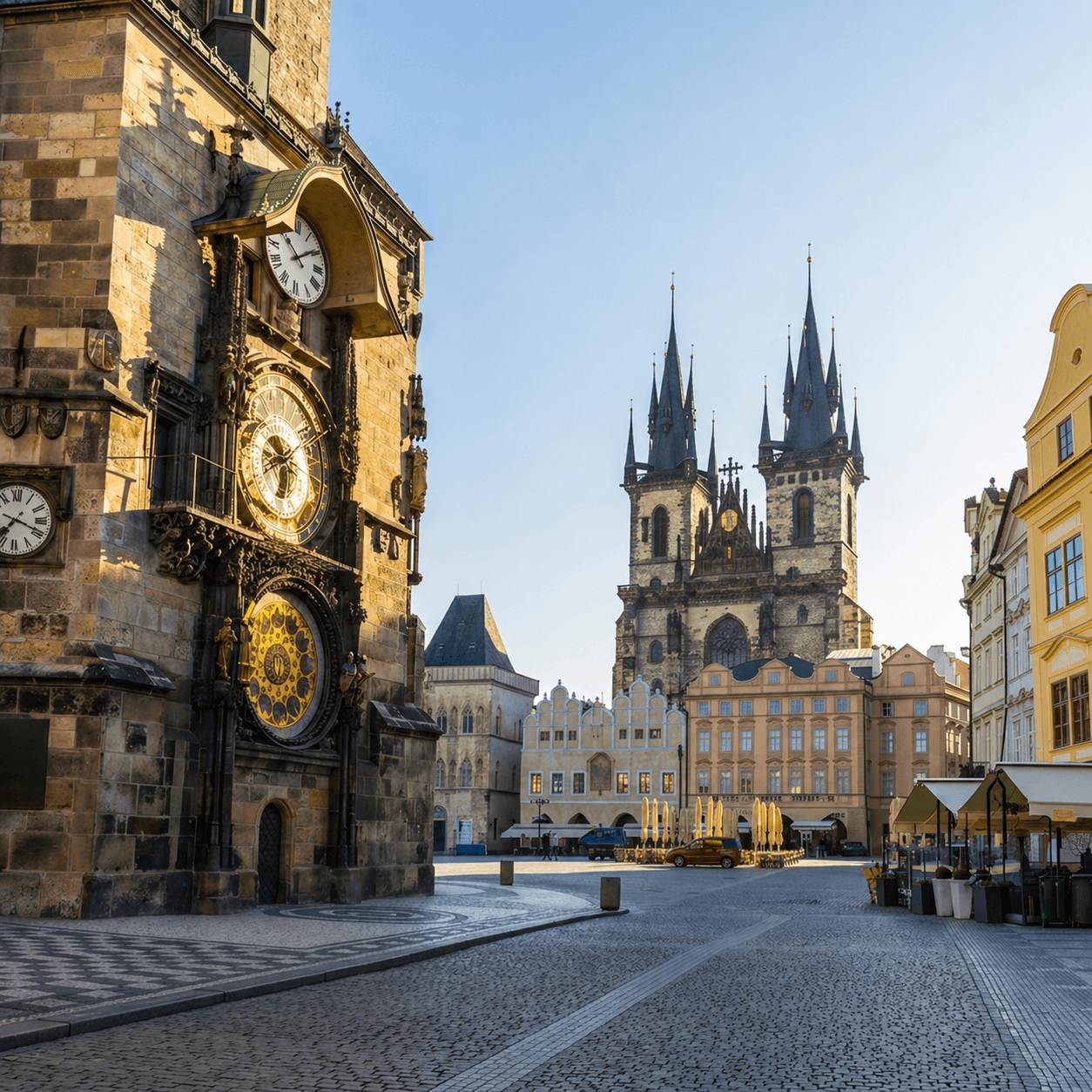 Prague Old Town Square with historic clock tower, twin-spire church, stone buildings, and clear blue sky