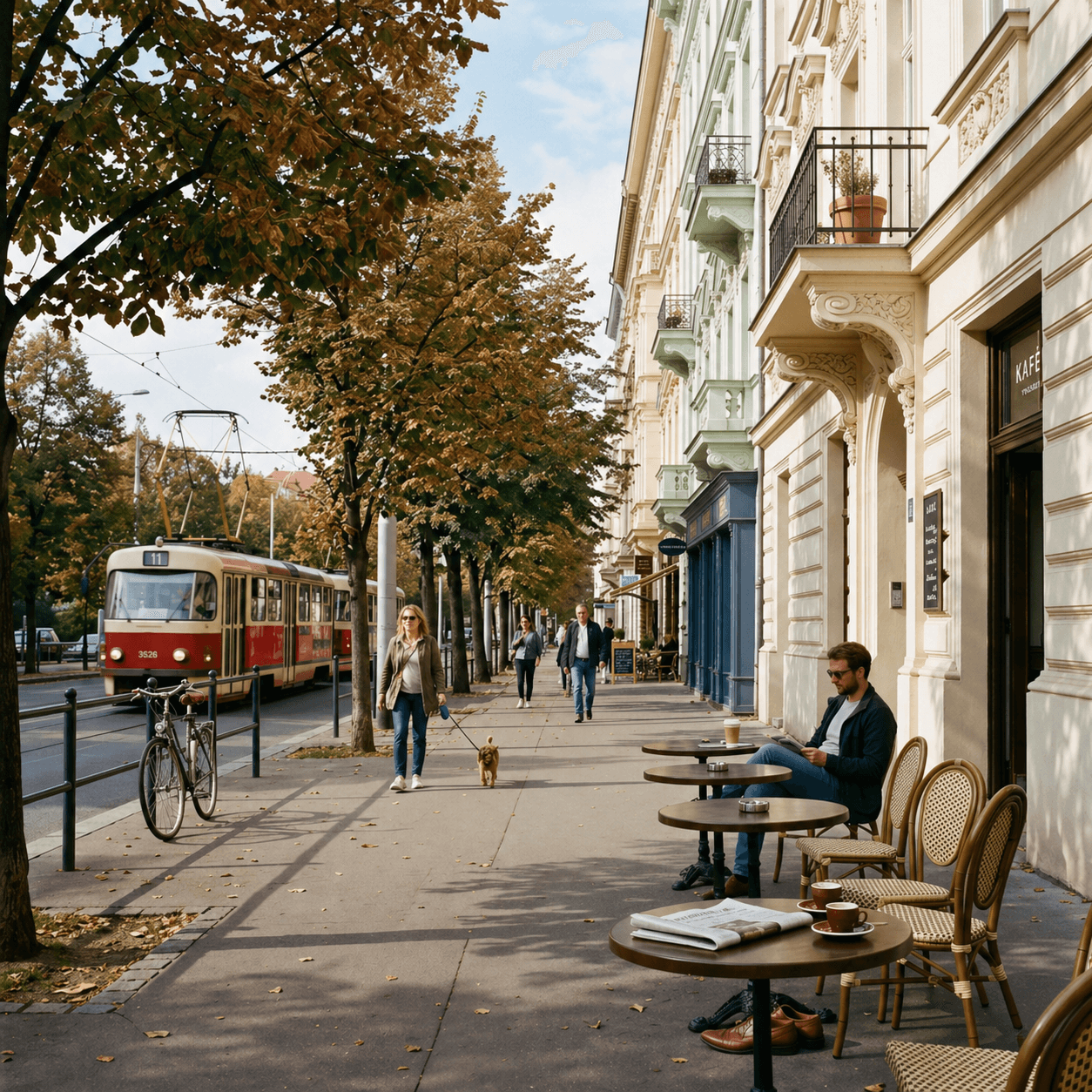 Historic Prague street with red tram, autumn trees, cream-colored buildings, outdoor café seating with rattan chairs